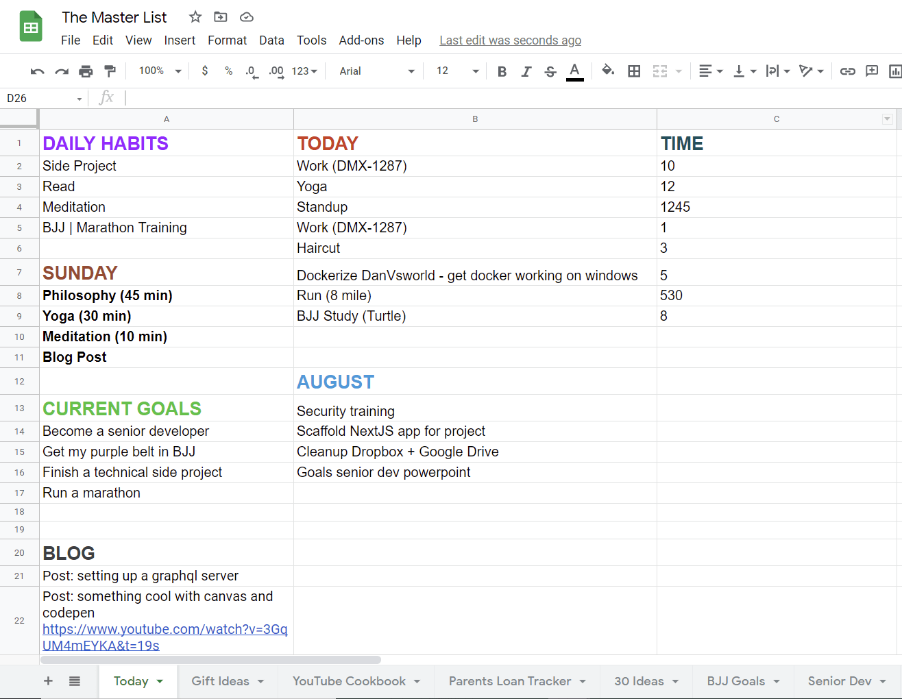 A screenshot of my Master List Google Sheet